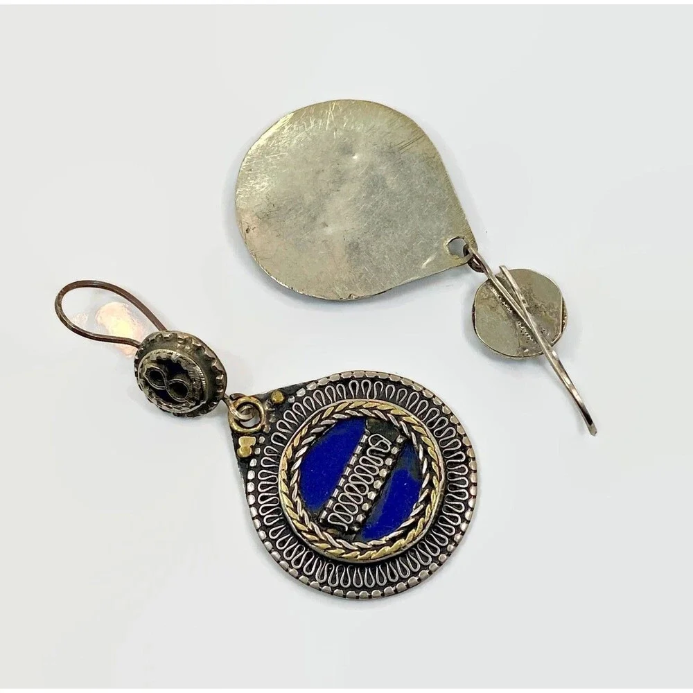 Vintage Afghan Kuchi Earrings: Enameled Cobalt Blue Boho Jewelry